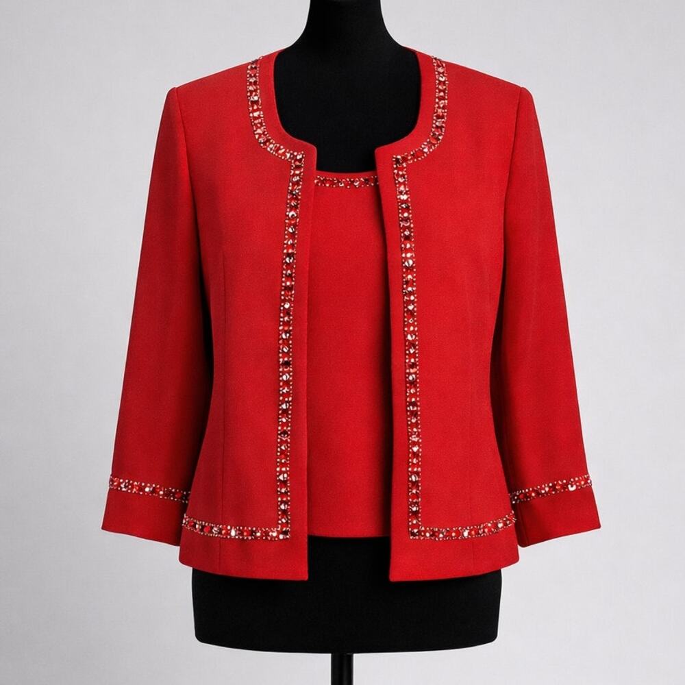 St John Evening Santana Knit Crystal Jacket Shell Set Red Medium 8